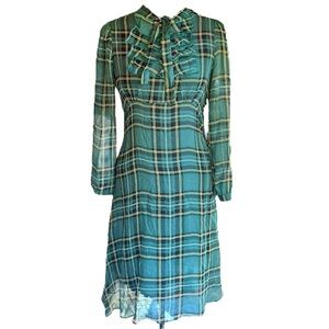 Betsey Johnson Y2K Teal Plaid Long Sleeve Dress size 4